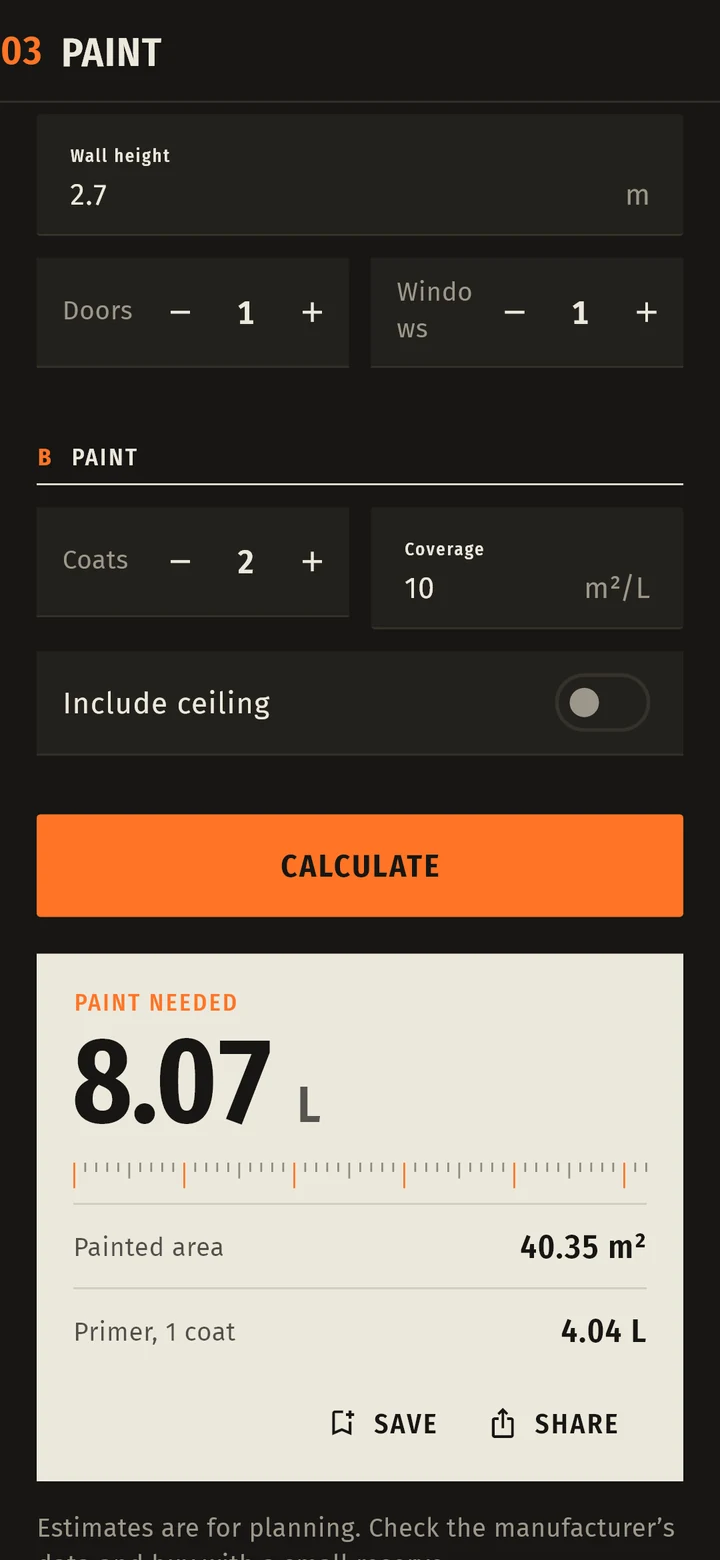 Paint calculator in dark theme